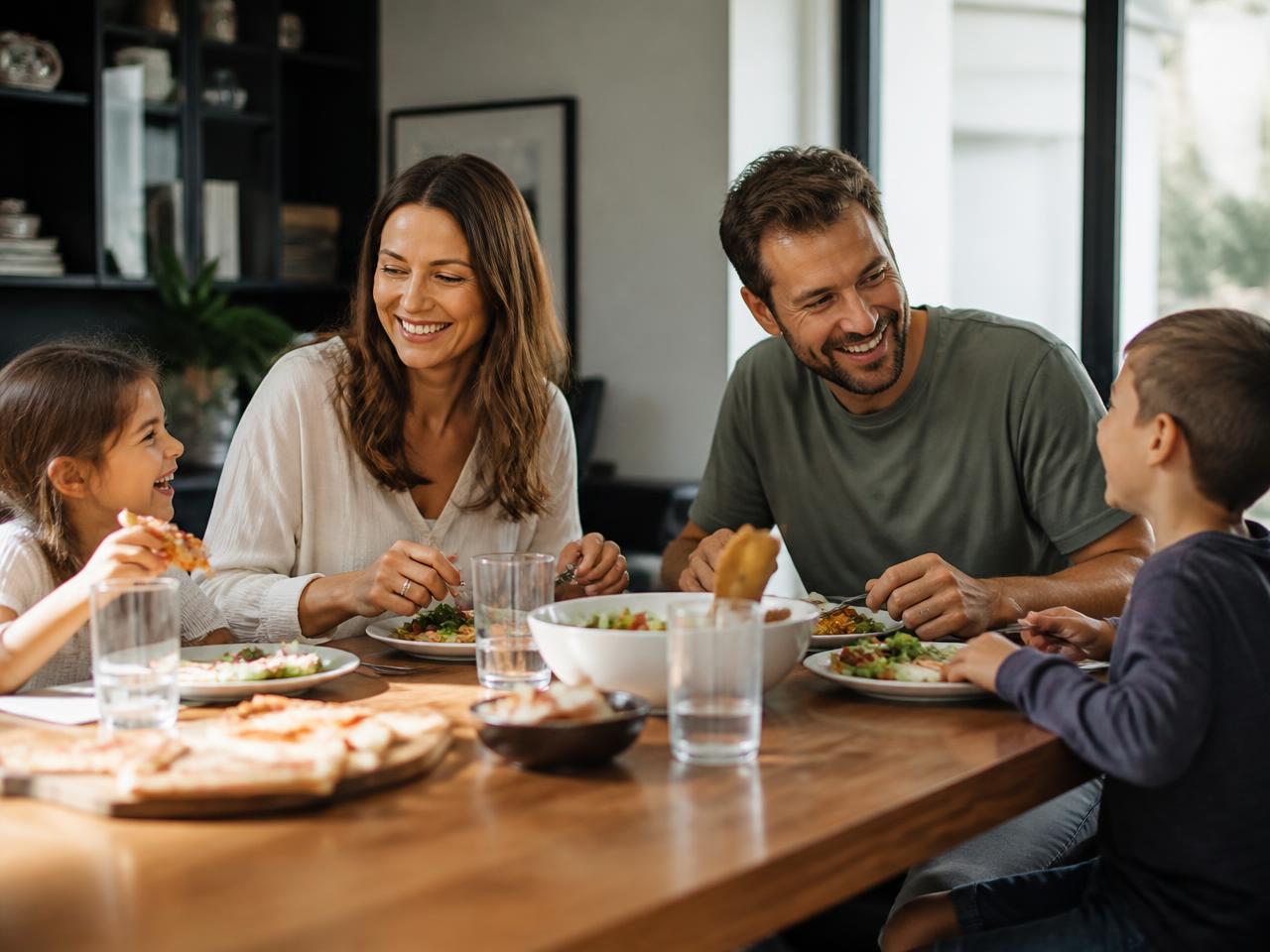 A family laughing together over dinner at home